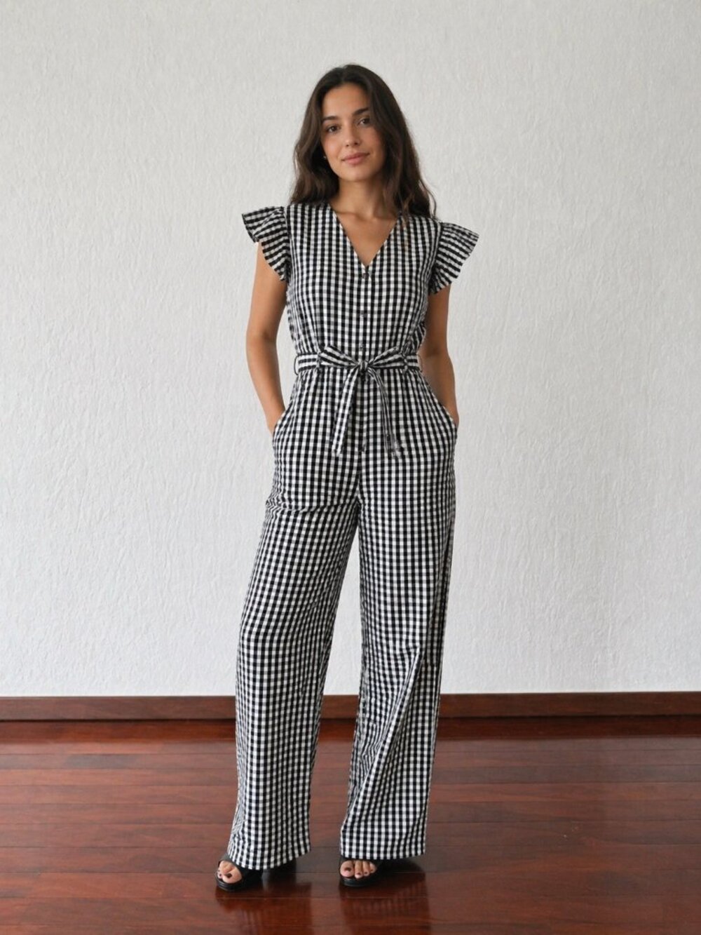 Kittenish Black & White Gingham Ruffle Sleeve Jumpsuit V Neck Wide Leg Design Si